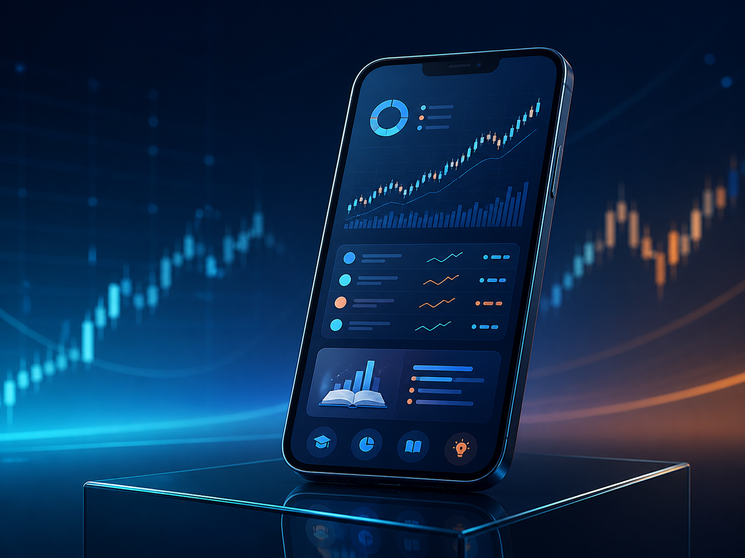Fictional stock research app with educational charts and market insights