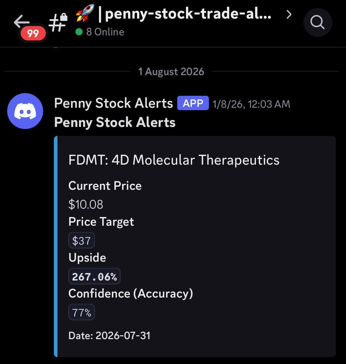 WeGains Discord community stock alert screenshot